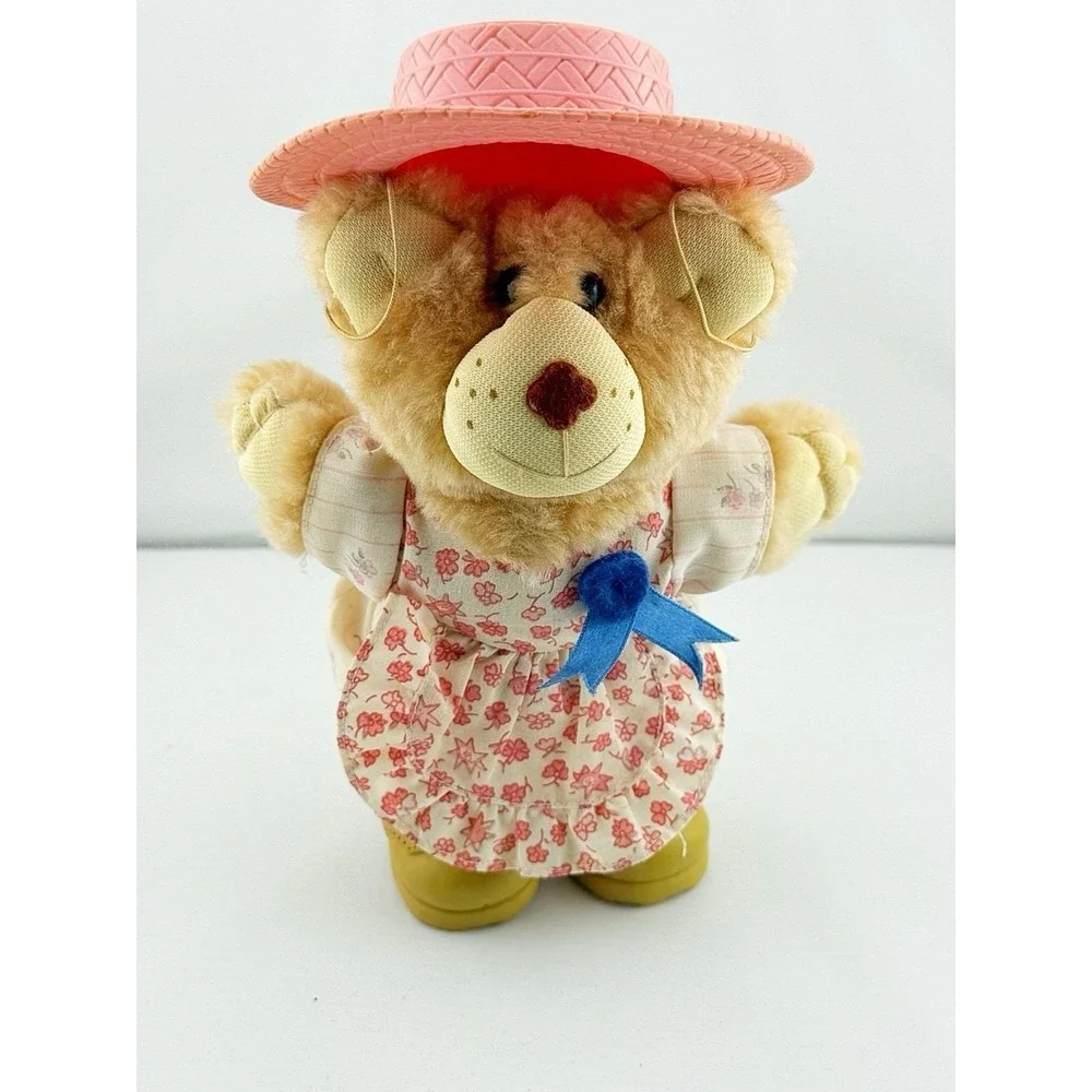 Vintage 1986 Furskin Hattie Plush In Floral Dress & Pink Straw Hat